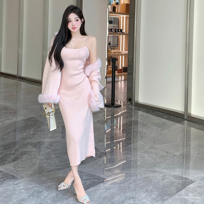 Fall Rose Light Pink Bodycon Strap Long Dress & Fur Jacket Chic Two Piece Set