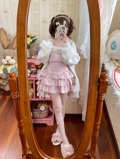 Sweet Colorful Pastel Doll Ruffled Bow Cake Layered Mini Skirt