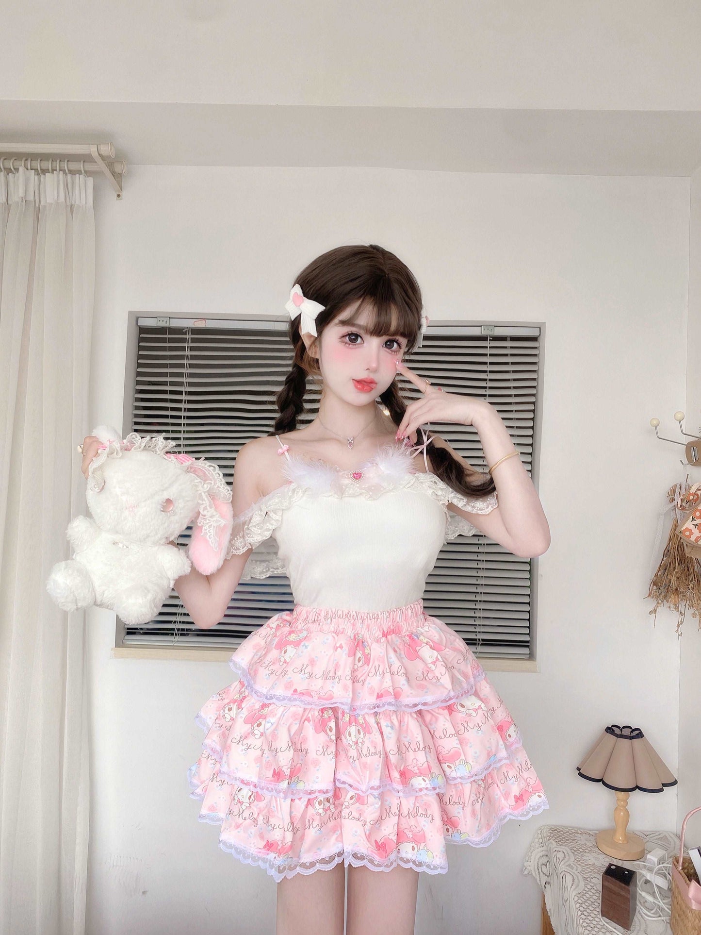 Candy Fairy Coquette White Camisole & Pink Melody Ruffled Cake Mini Skirt Two Piece Set