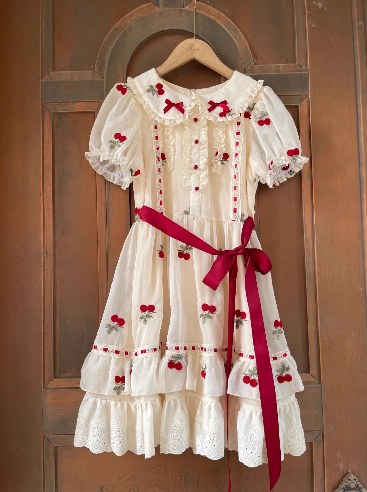 Ruellia Summer Cherry Red Cream Puff Sleeve Dress