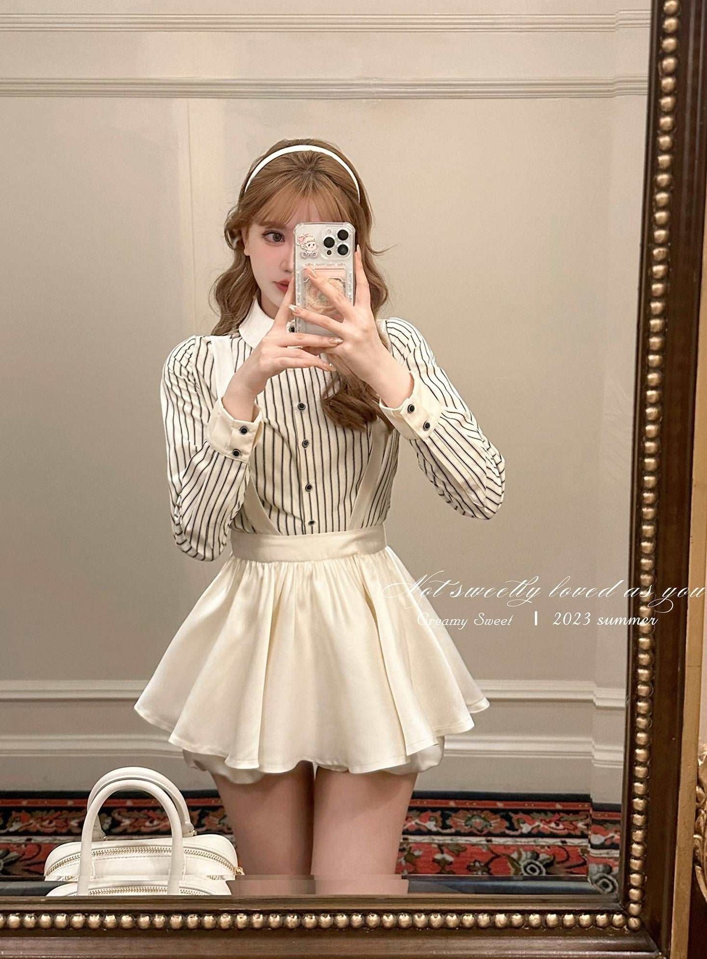 Creamy Sweet Black and White Striped Shirt & Suspender White Shorts Two Piece Set