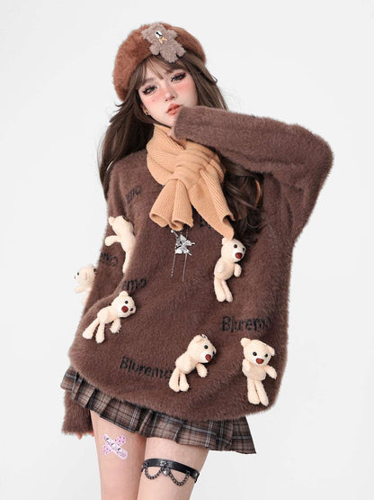 3D Bear Plush Doll Brown Autumn Winter Fuzzy Sweater