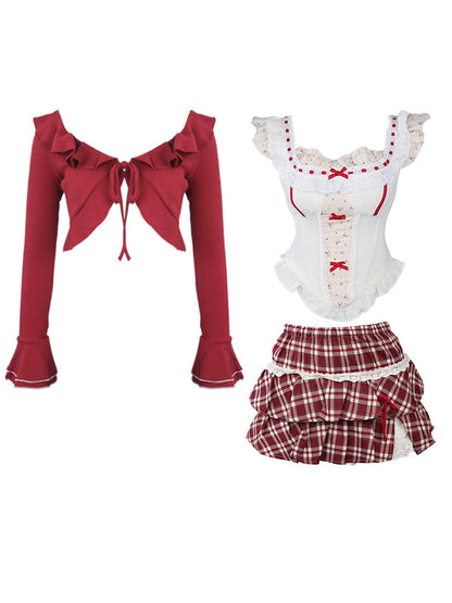 Serendipity Cherry Wine Camisole Top & Red Cardigan & Plaid Skirt Three Piece Set