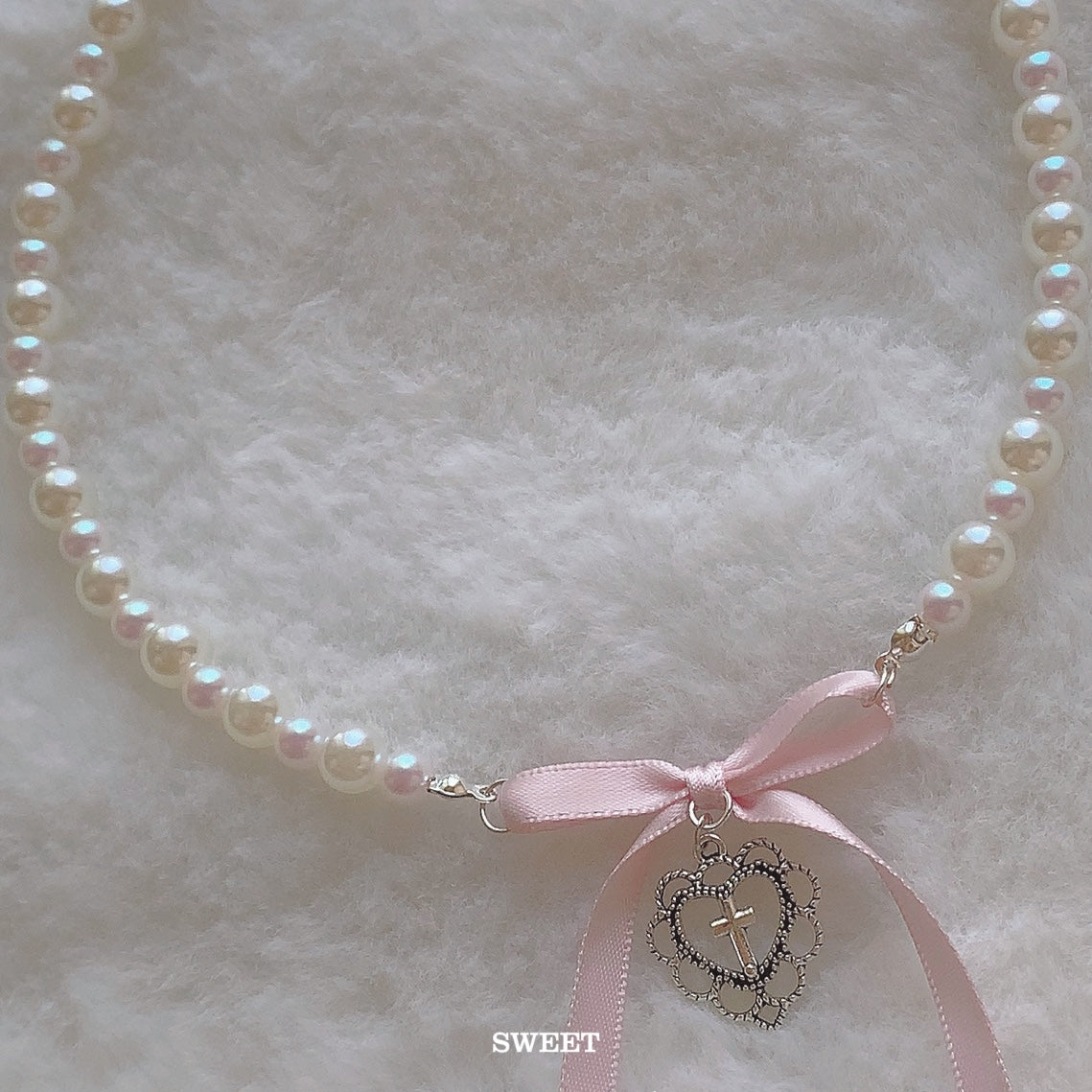 Holy Cross Pink Bow Pearl Beads Coquette Necklace Pendant