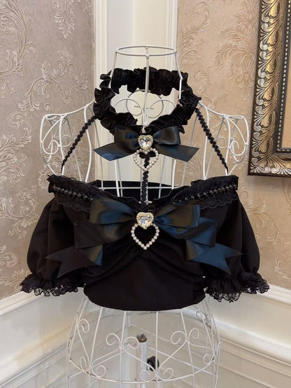 Sweetheart Princess Black & White Brooch Bow Halter Neck Shirt Top