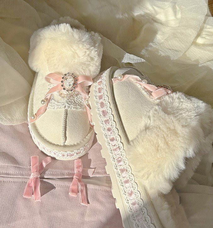 Pinky Winter Cute Sweet Princess White Pink Fur Slippers Shoes