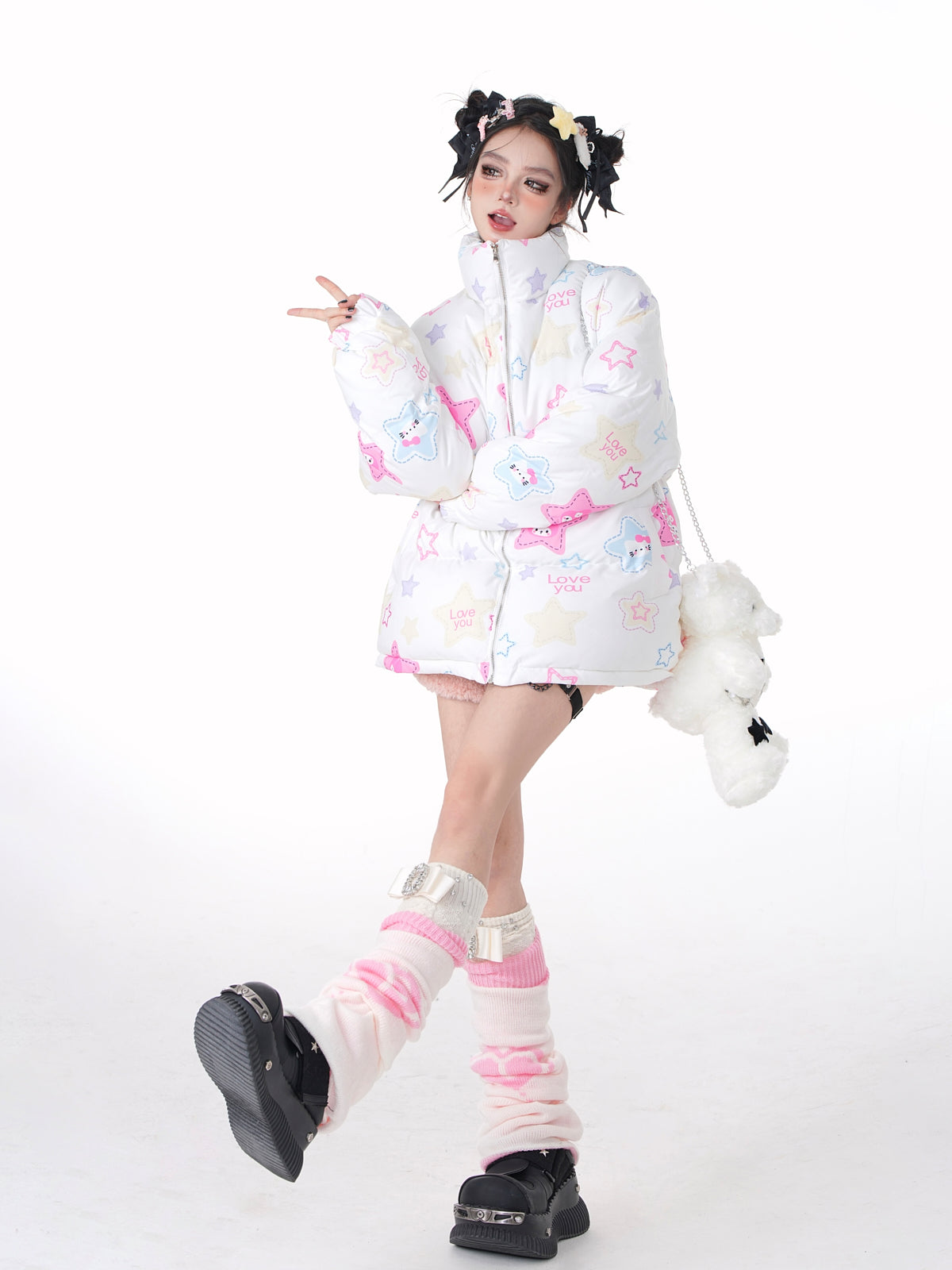 Young Eyes Winter Graffiti Kitty Melody White Puffer Jacket Coat