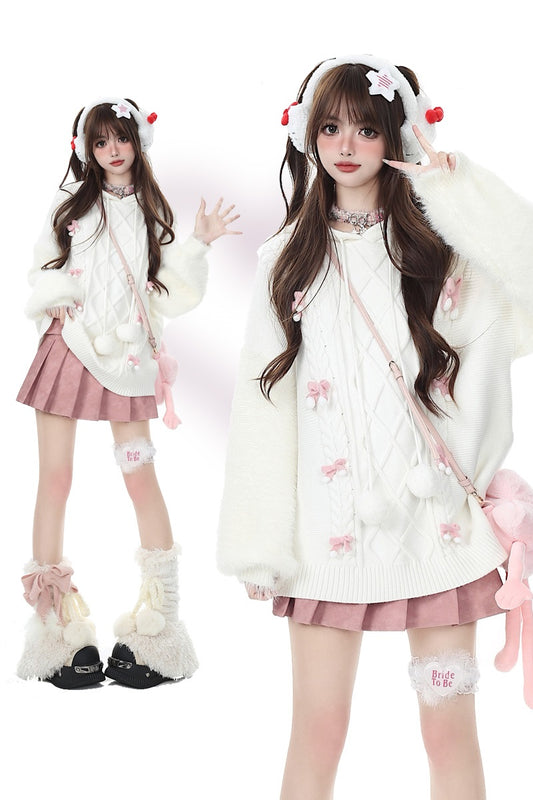 Crazy Girl Pom Pom White Bow Fuzzy Knit Autumn Winter Hoodie Sweater