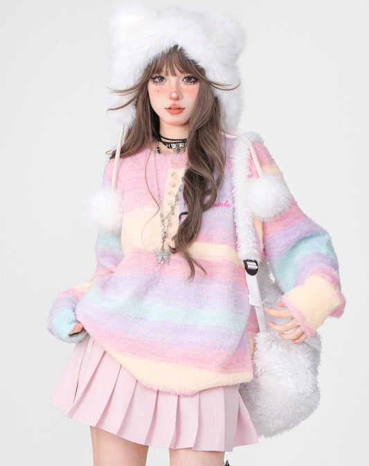 Young Eyes Autumn Winter Rainbow Soft Pastel Colorful Striped Round Neck Sweater