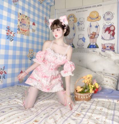 Candy Fairy Pink Melody Cartoon Camisole Puff Sleeve Top & Skirt Pajamas Two Piece Set