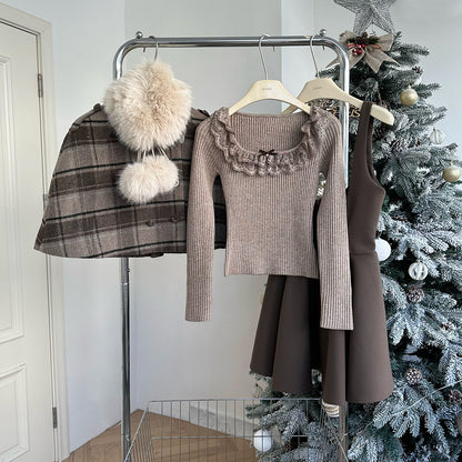 Lazy Girl Winter Detective Belle Brown Knit Lace Shirt & Suspender Skirt & Plaid Fur Cape Three Piece Set