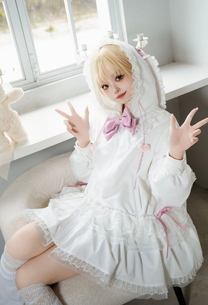 Universal Lolita Daydream Sweet Pink White Rabbit Ear Lolita Hooded Coat Dress