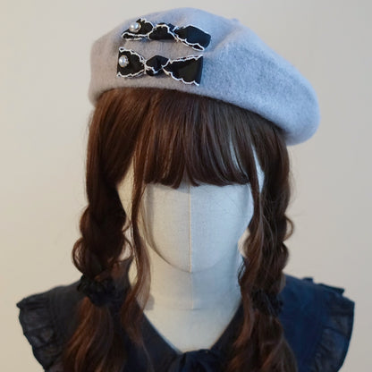 Cute Autumn Fall Handmade Original Knit Bow Brown Houndstooth Beret Hats