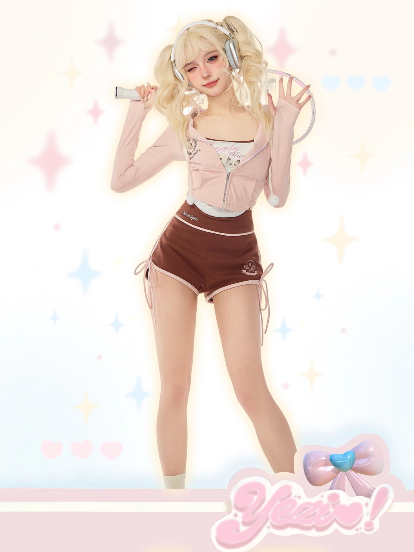 Serendipity Autumn Tennis Girl Pink Jacket & Cat Camisole & Brown Shorts Three Piece Set