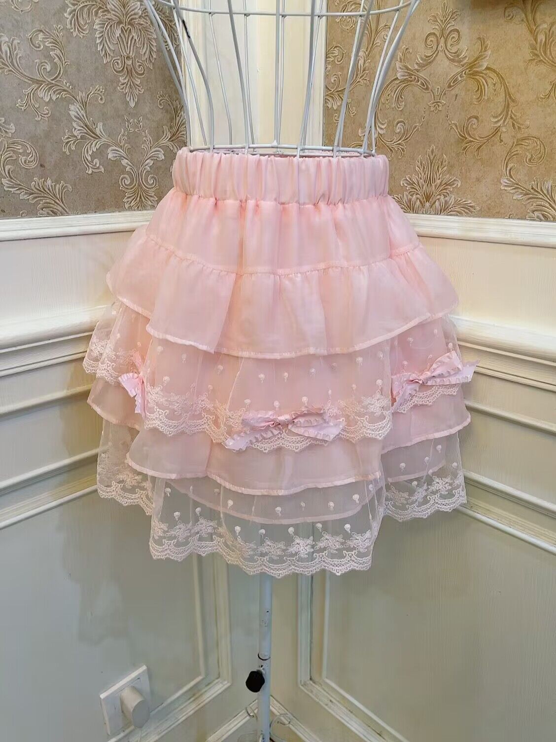 Sweetheart Princess Pastel Pink Cake Layered Lace Elastic Mini Skirt