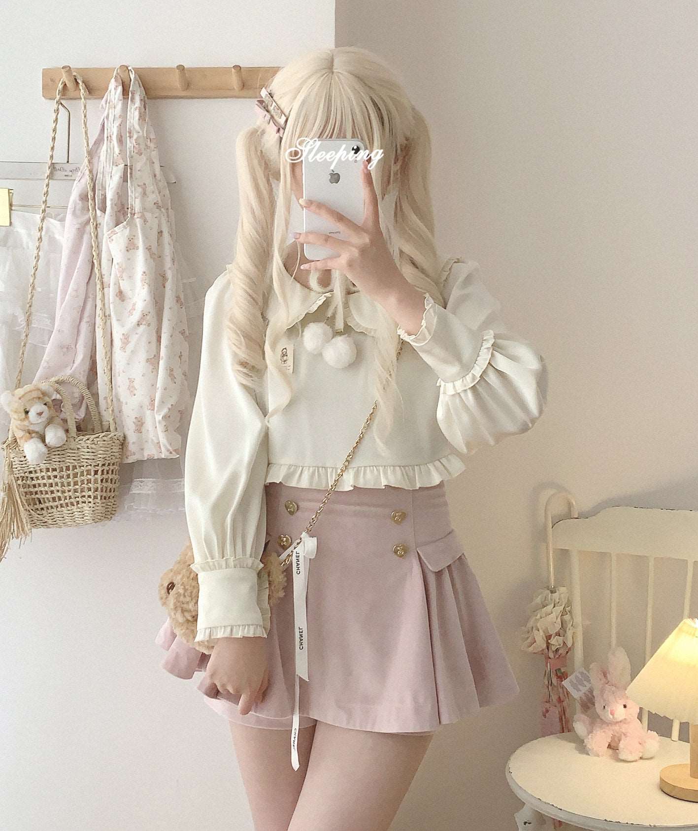 Bear Souffle Sweet Pompom Balls Shirt Blouse & Purple Beige Strap Dress & Skirt Three Piece Set