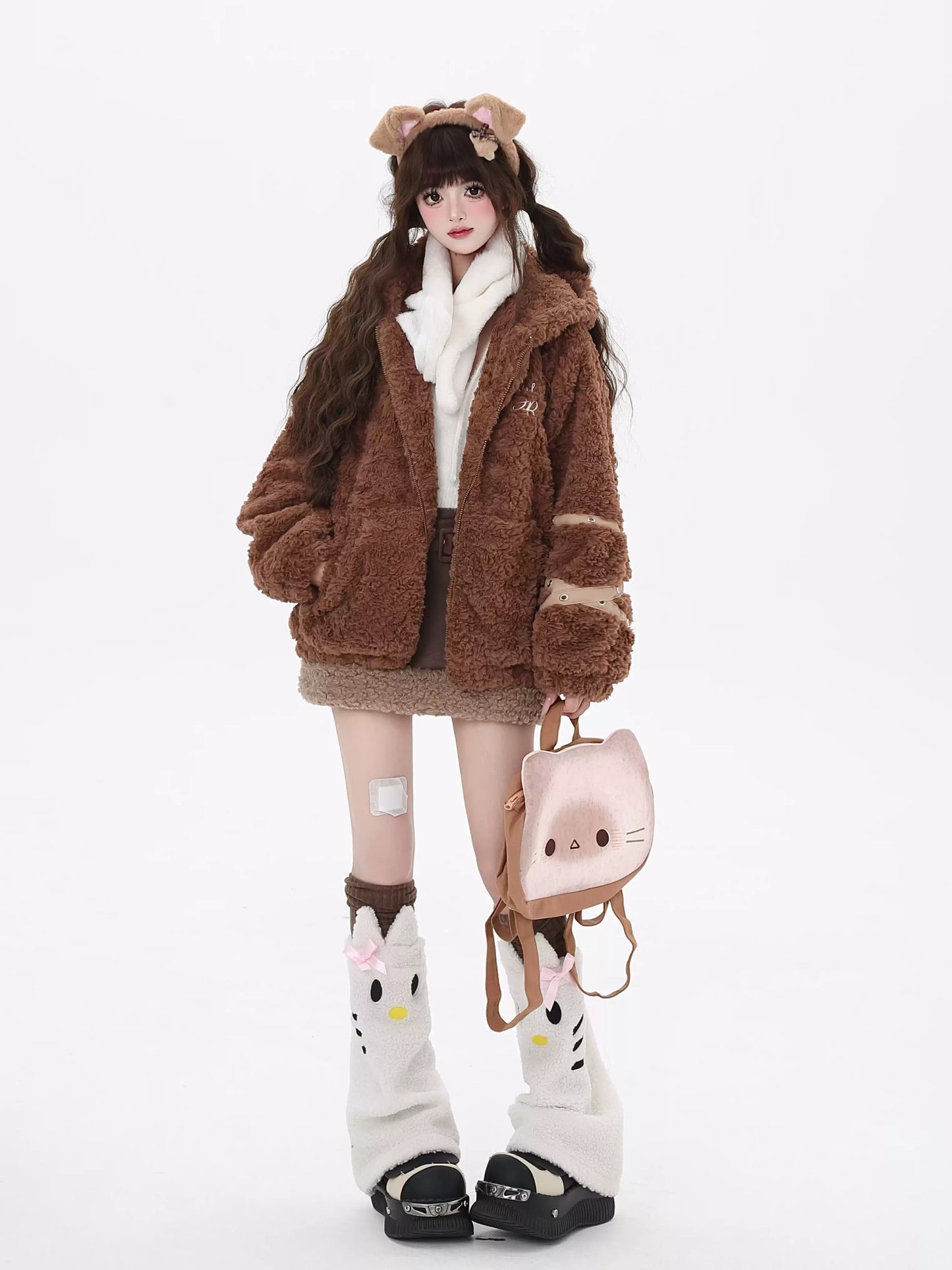 Crazy Girl Patchwork Brown Pink Rabbit Ears Jacket Hoodie