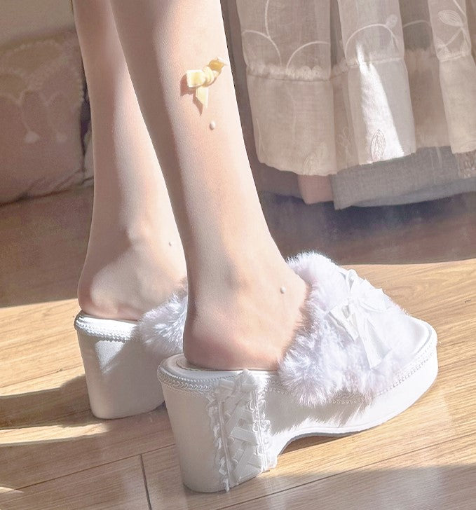 Pinky Antique Princess White Plush Velvet Wedge Height Heels Slippers