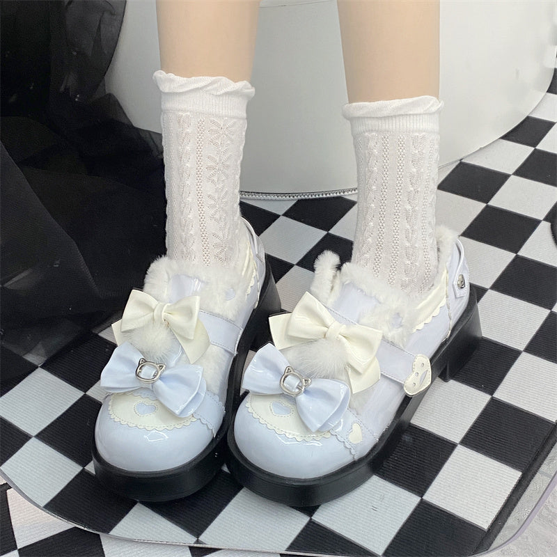 Winter Plush Lolita Bow Cat White Pink Blue Black Shoes