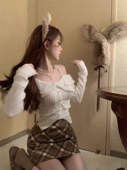 Coquette One-Line Collar White Top Argyle Brown Short Skirt Two Piece Set