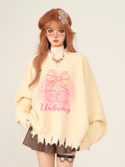 Young Eyes Autumn Winter Melting Cherry Fuzzy Yellow Sweater