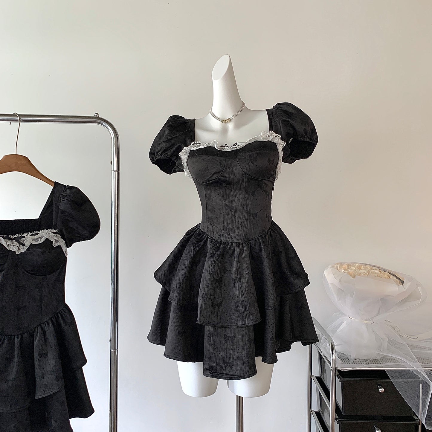 Monet Black Bow Puff Sleeve Short Dress