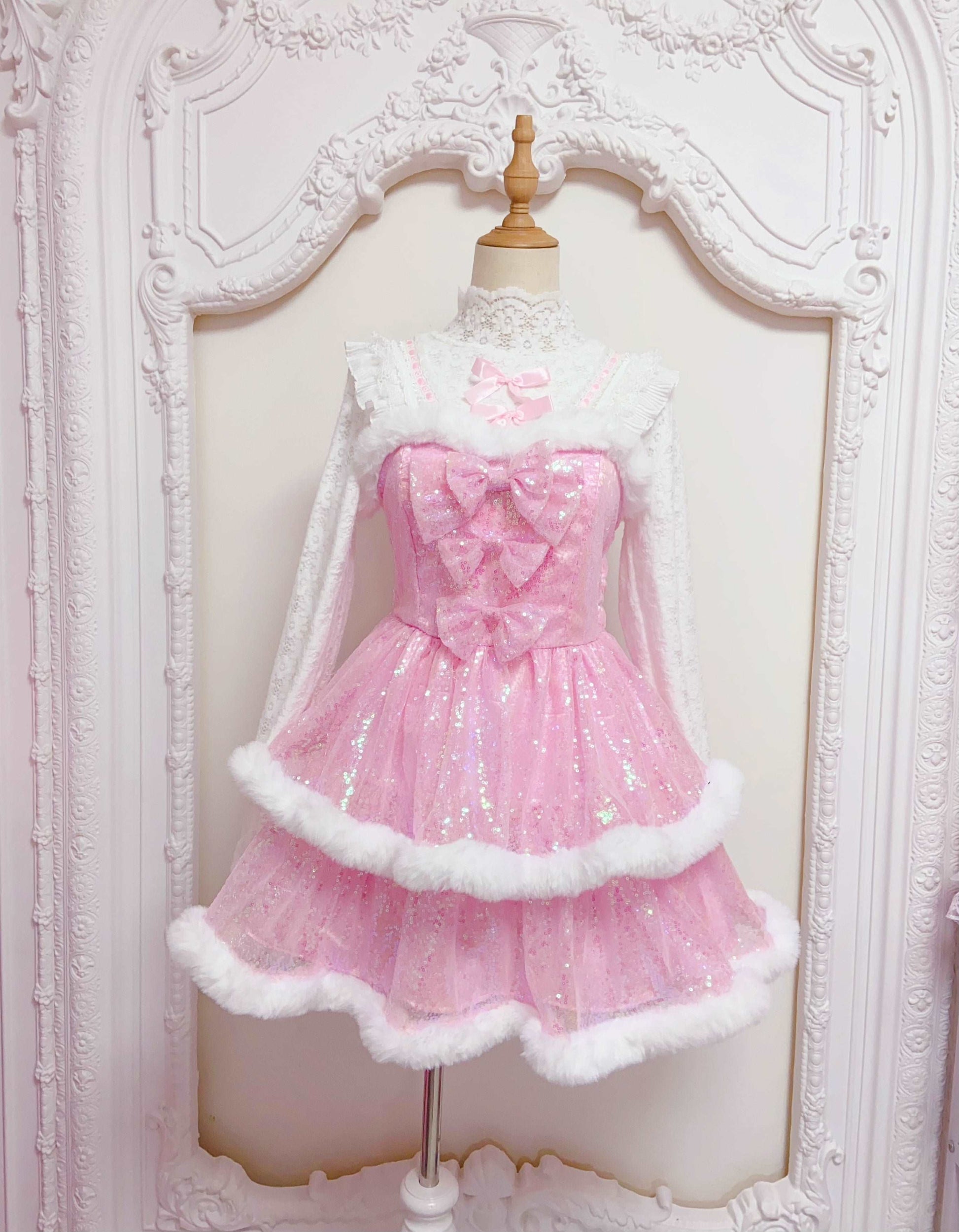 Candy Fairy Winter Princess Pink & White Ruffled Strap Dress & Hooded Cape Cloak Two Piece Set