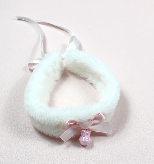 Lolita EGL White Plush Pink Bow Cat Neko Bell Collar Necklaces Choker