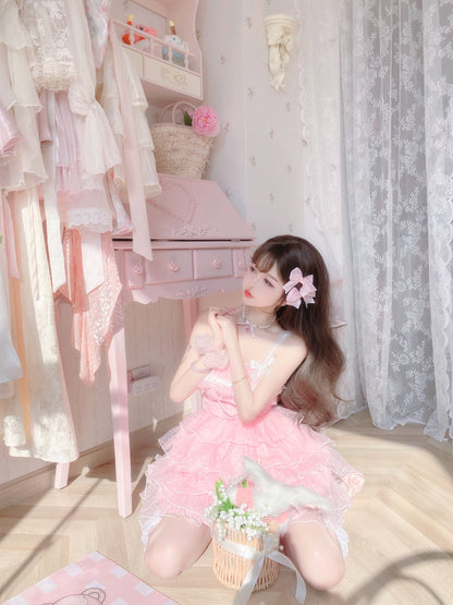 Candy Fairy Coquette Light Pink Party Princess Ruffled Strap Dress