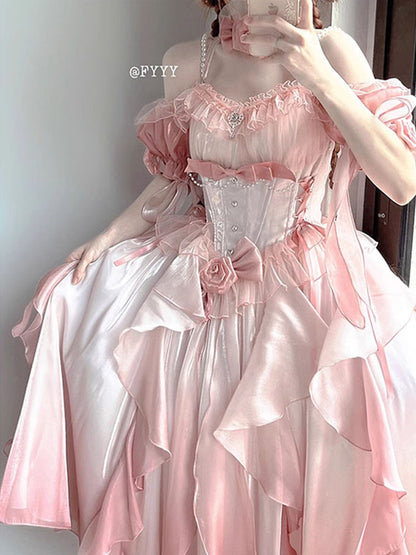 Rose Pearl Decorated Princess Ruffled Bow Layered Elegant Wedding Prom Evening Dress