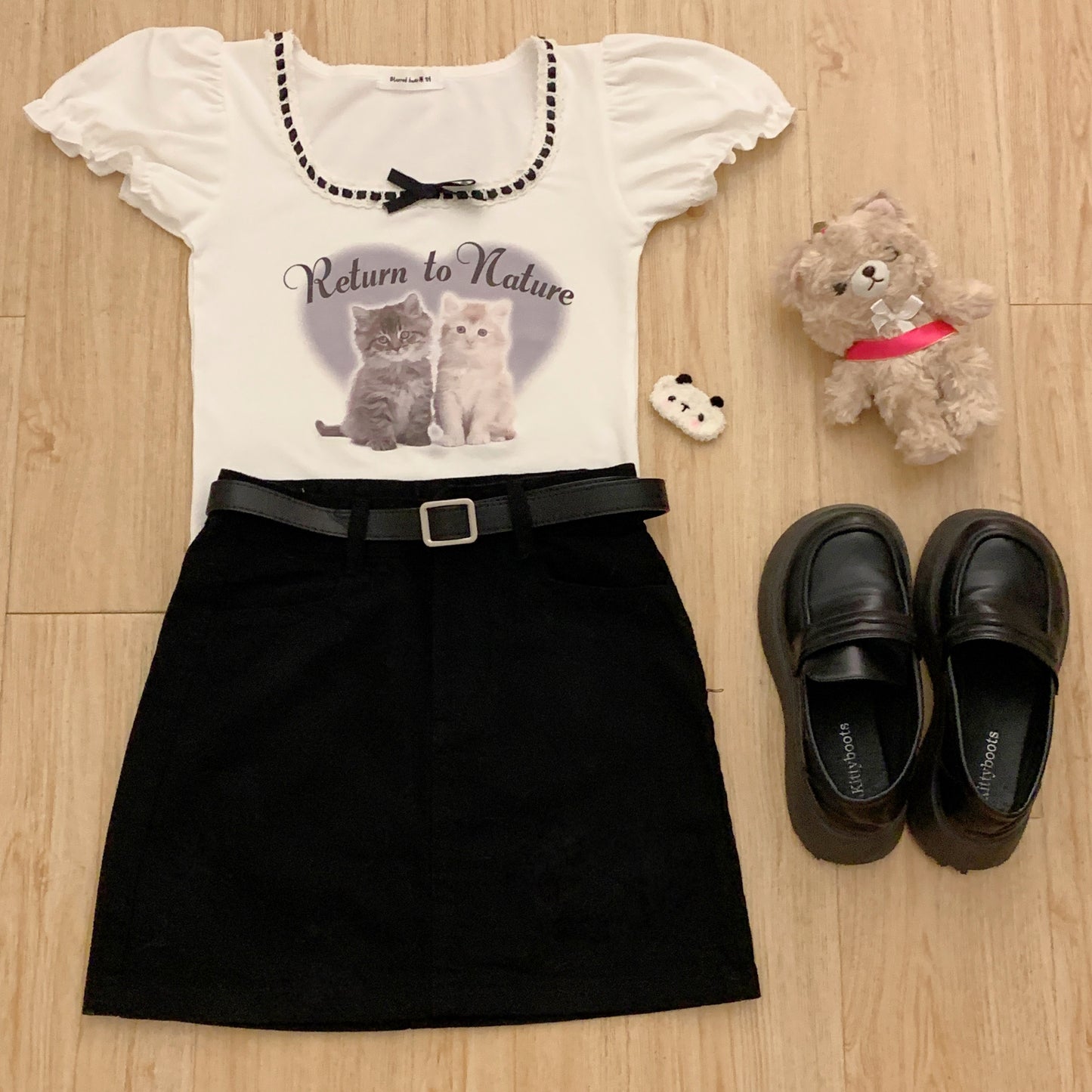 Serendipity Summer Cat Bow Puff Sleeve Shirt & Black Mini Skirt Two Piece Set