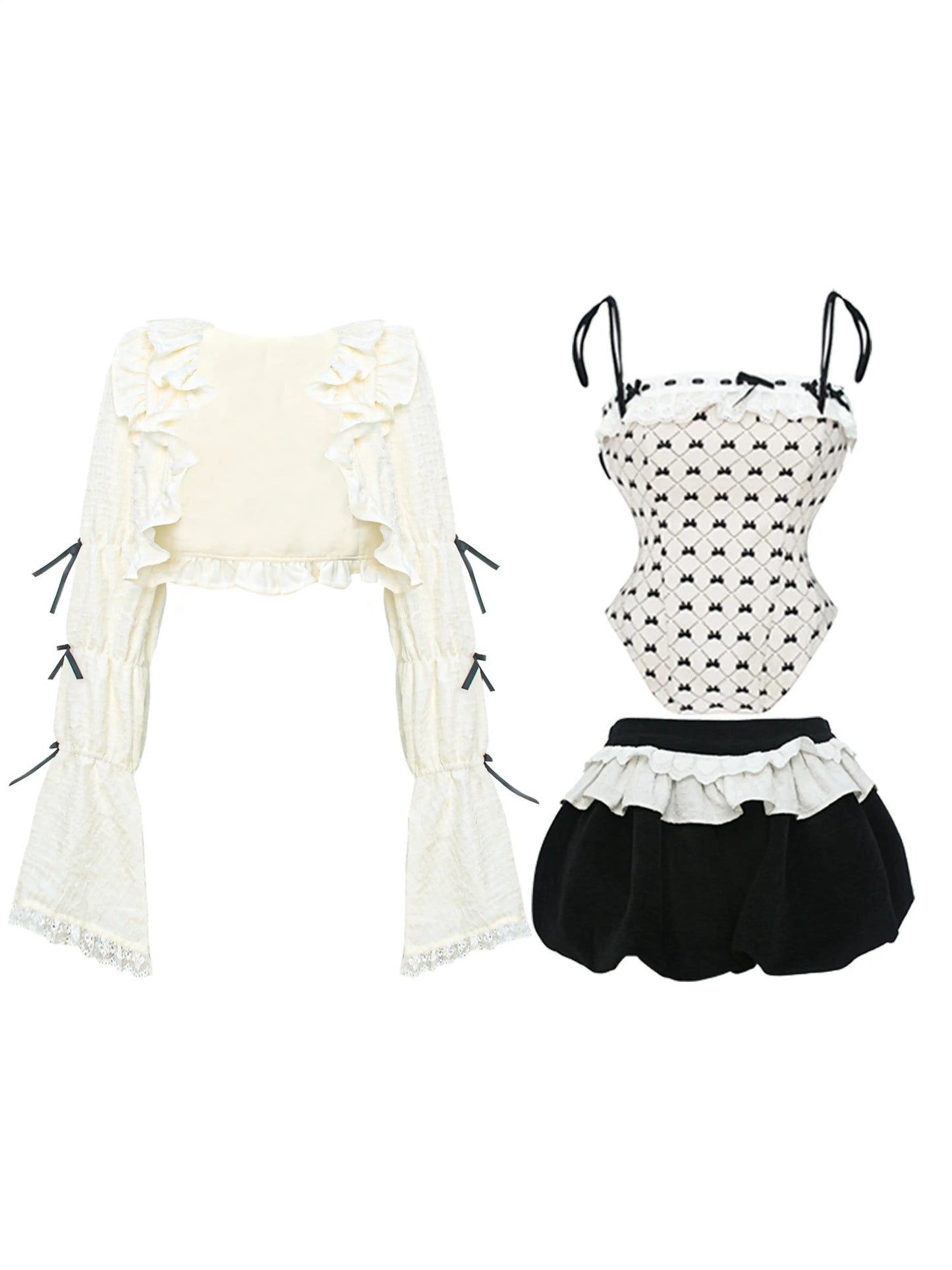 Serendipity Doll Series Cream Bow Corset & Cardigan & Black Velvet Bloomers Three Piece Set