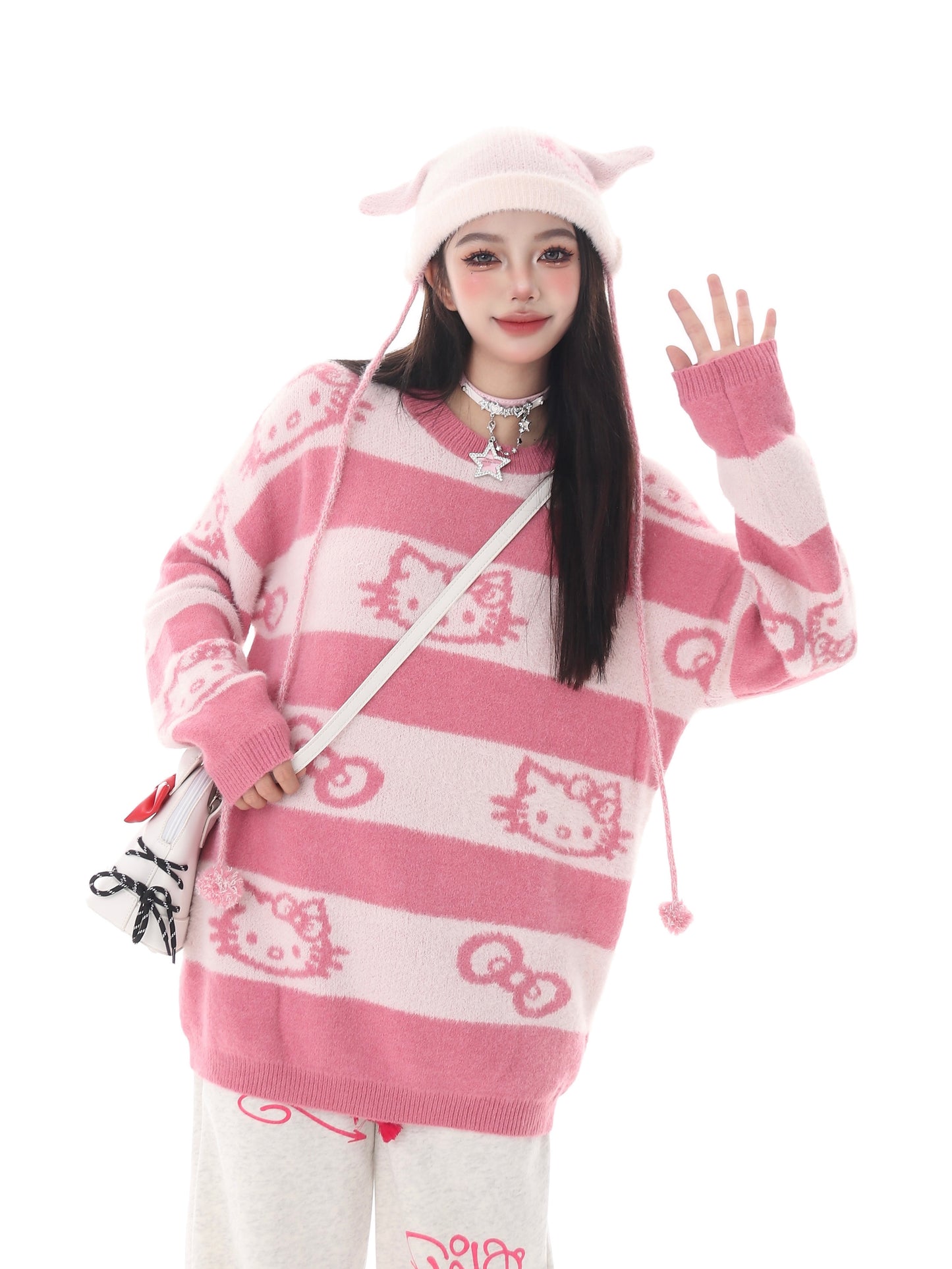 Kitty Cat Striped Pink Black Knit Y2K Pullover Sweater