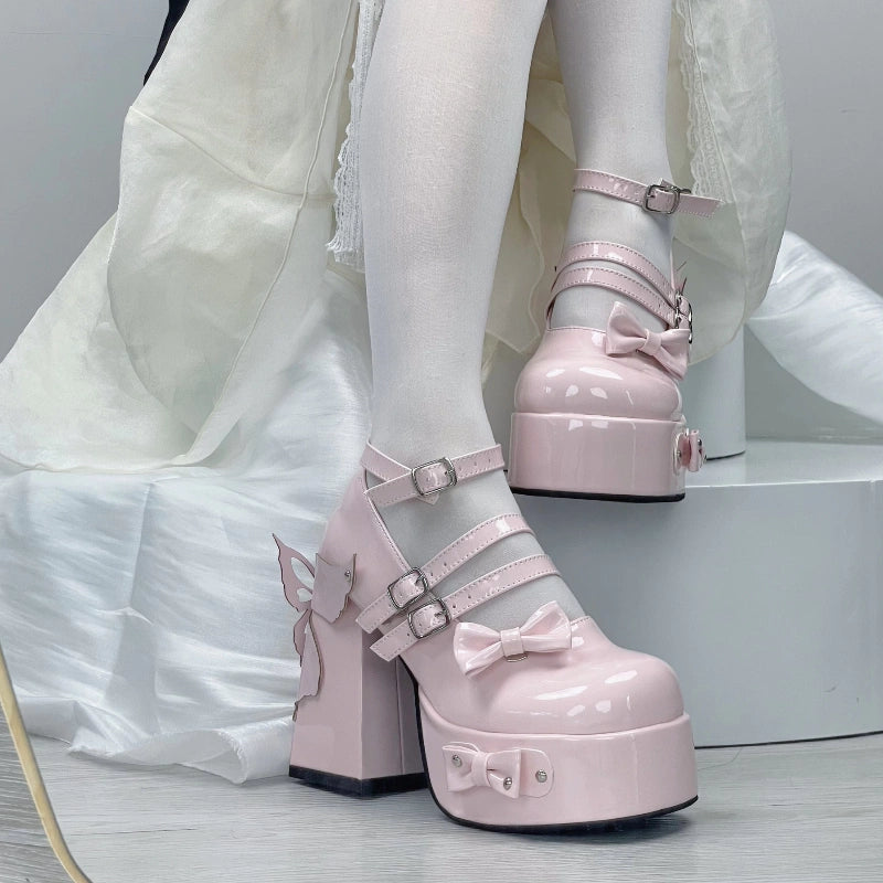 Moe Heart Butterfly Bow Buckle Strap Black White Pink Hot Pink Lolita Platform High Heels Shoes