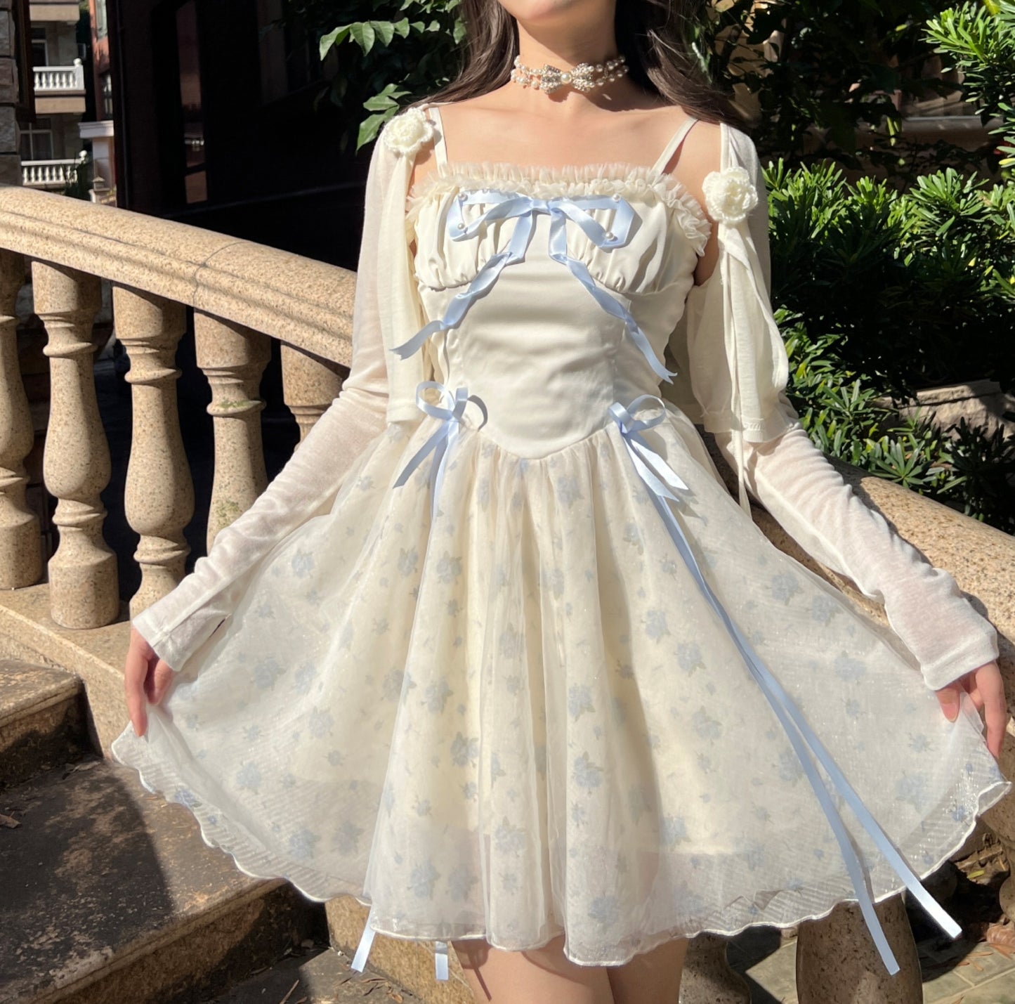 Ruellia Rococo Girl Blue Floral White Strap Dress