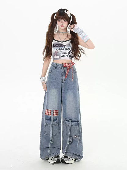 Crazy Girl Country Girl Red Plaid Blue Denim Baggy Pants