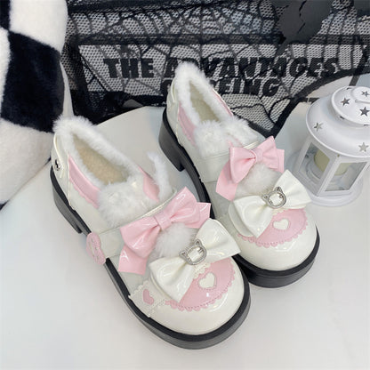 Winter Plush Lolita Bow Cat White Pink Blue Black Shoes