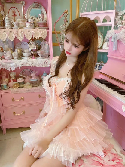 Sweetheart Princess Fairy Strap Cake Peach Pink Dress