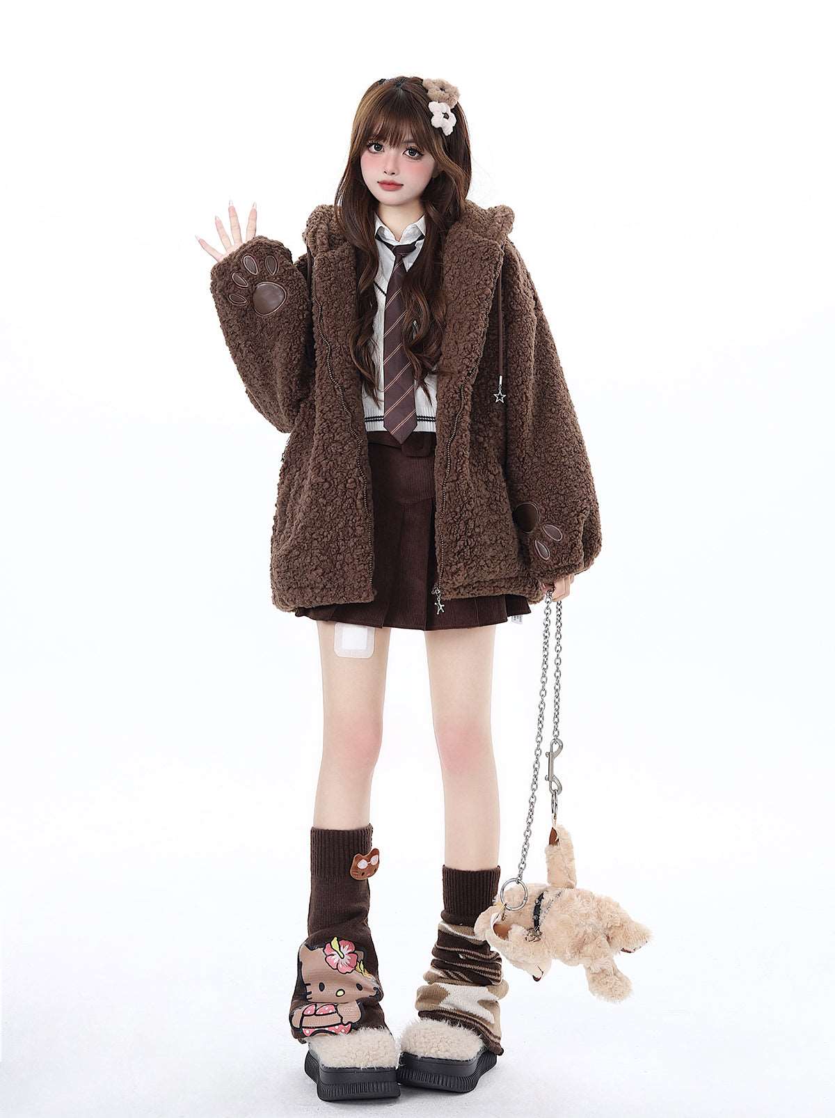 Crazy Girl Winter Bear Paws Hooded Plush Brown Jacket