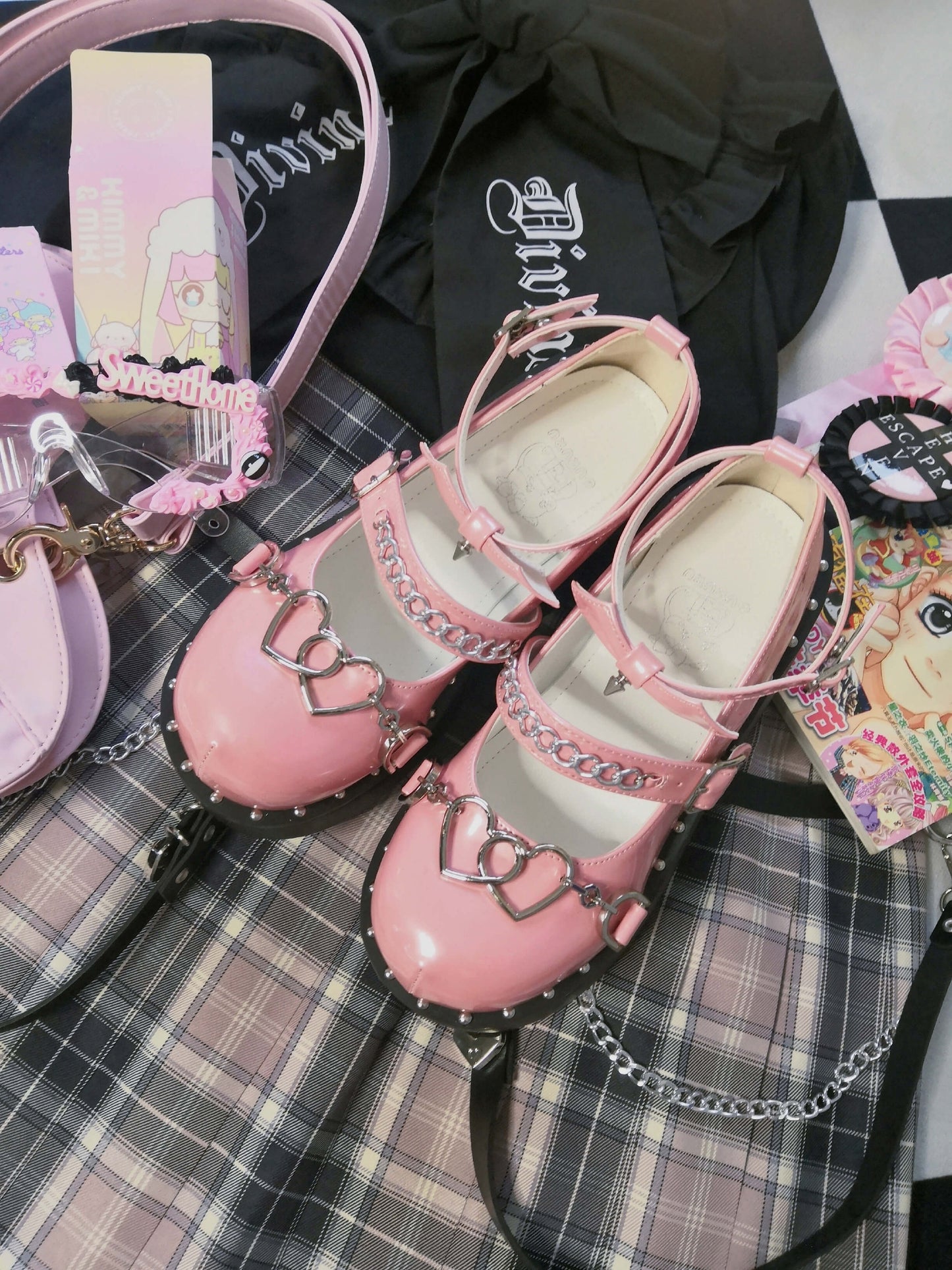 Gururu Punk Rock Girl Silver Heart Chains Pink Purple Black Wedges Shoes