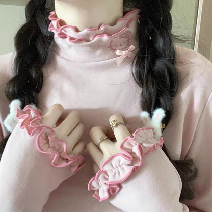 Soft Ruffled Collar Sleeve Pink White Black Kitty Cat Velvet Shirt Top