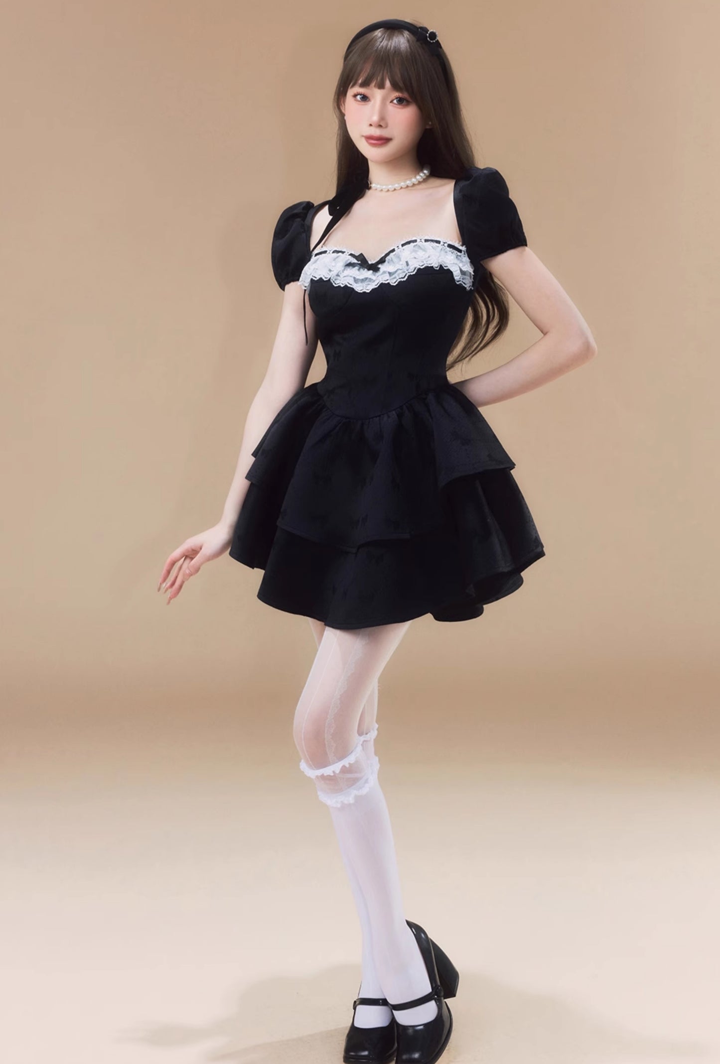 Monet Black Bow Puff Sleeve Short Dress