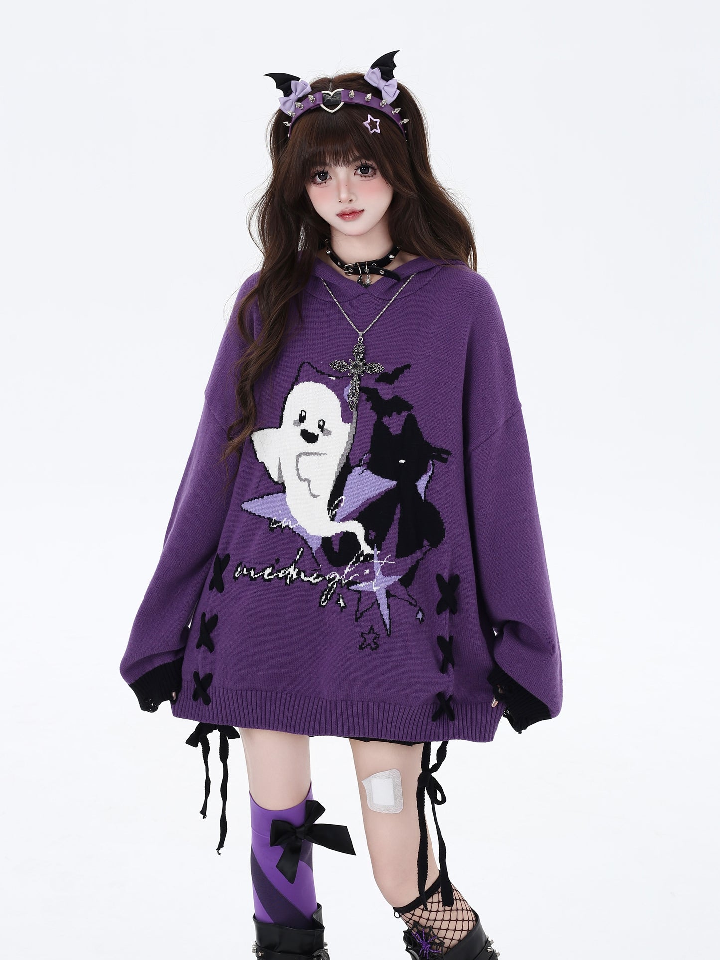 Crazy Girl Halloween Little Ghost Purple Black Knit Sweater