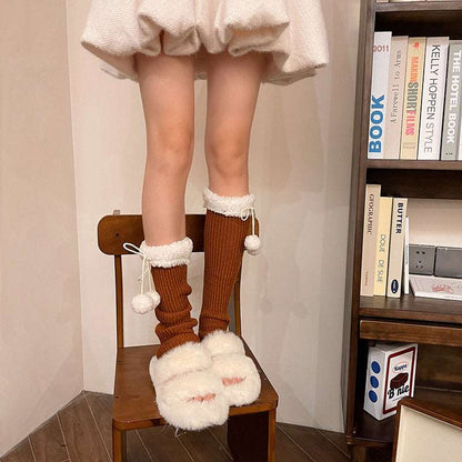 Autumn Winter Velvet Wool Knit Fur Ball Leg Calf Warmers