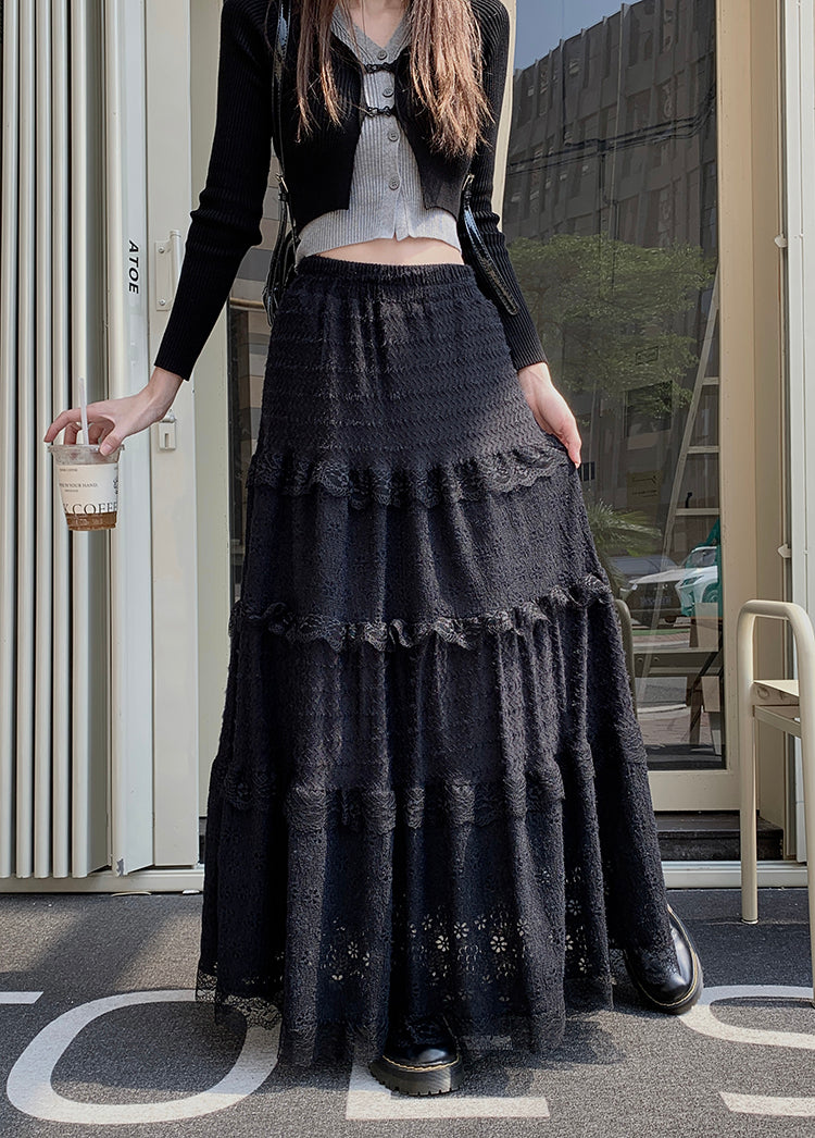 Spring White Black Flower Lace Layered Long Cake Gathered Skirt