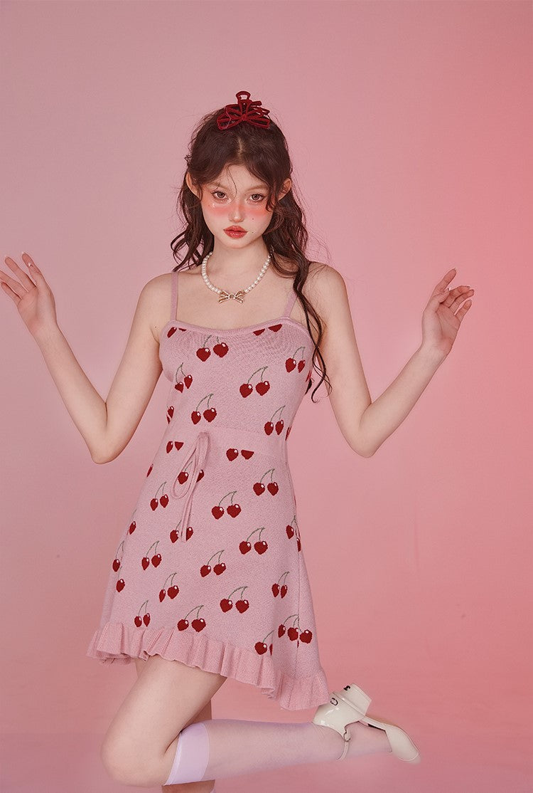 Fancy Girl Cherry Pie Pink Summer Knit Strap Dress