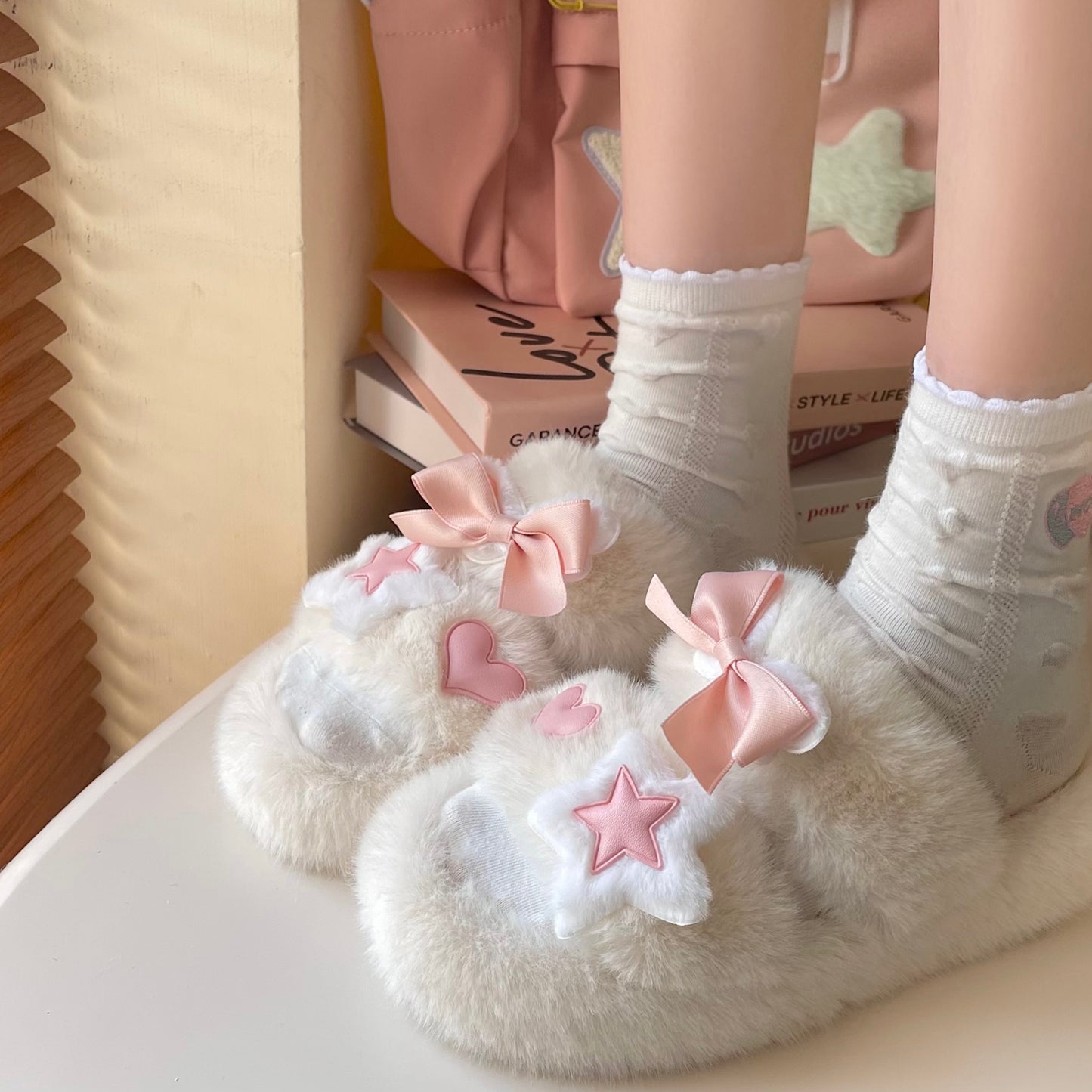 Star Heart Love Pink Bow Plush Fluff Slippers Shoes