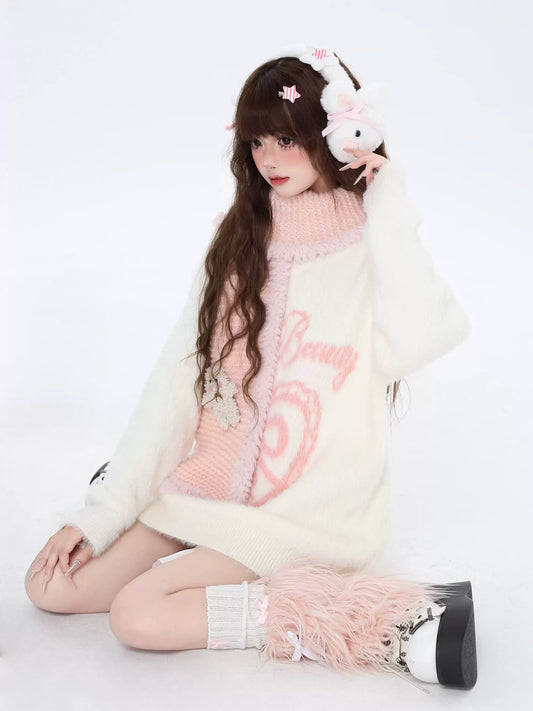 Crazy Girl Sweet Beauty Pink White Black Mohair Sweater