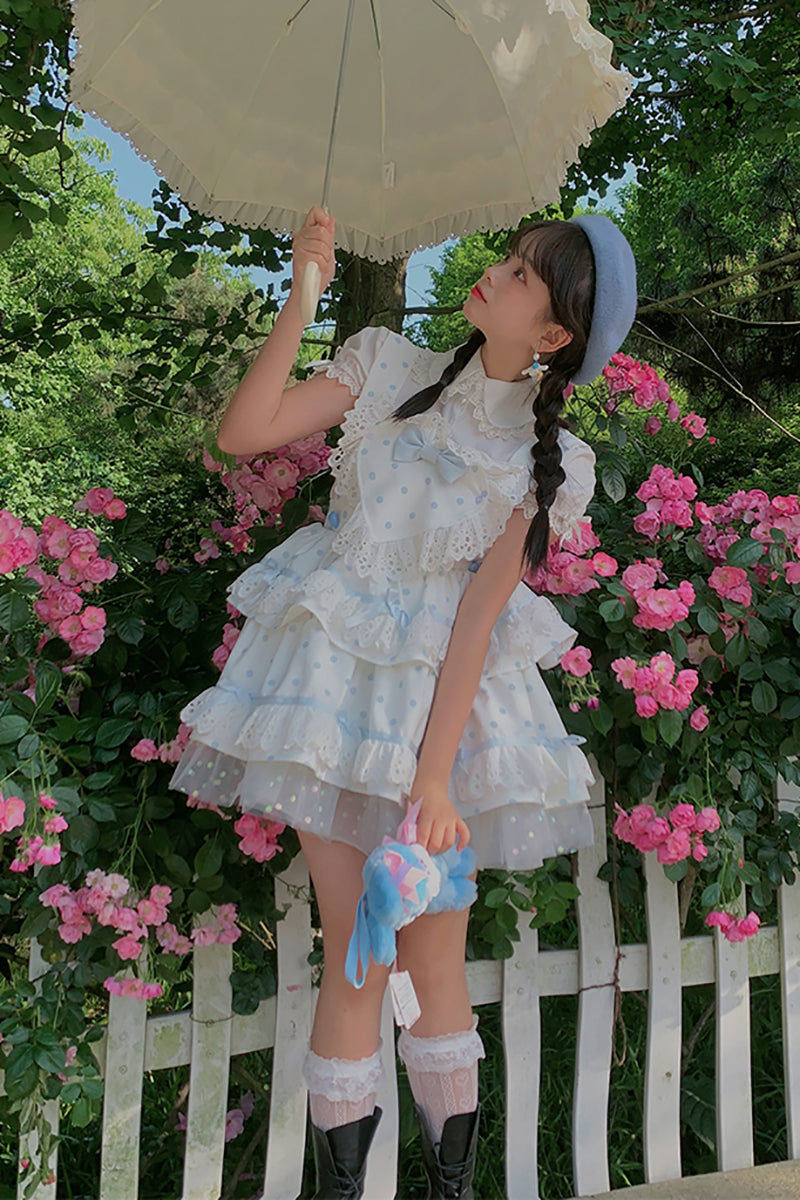 Picnic Girl Lolita Polka Dot Fruity White Ruffled Strap Dress