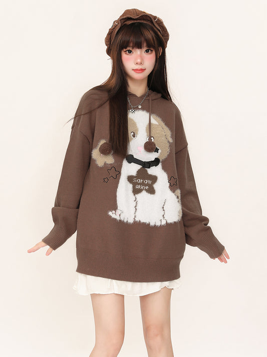 Cute Dog Puppy Pompom Autumn Knit Brown Red Sweater Hoodie